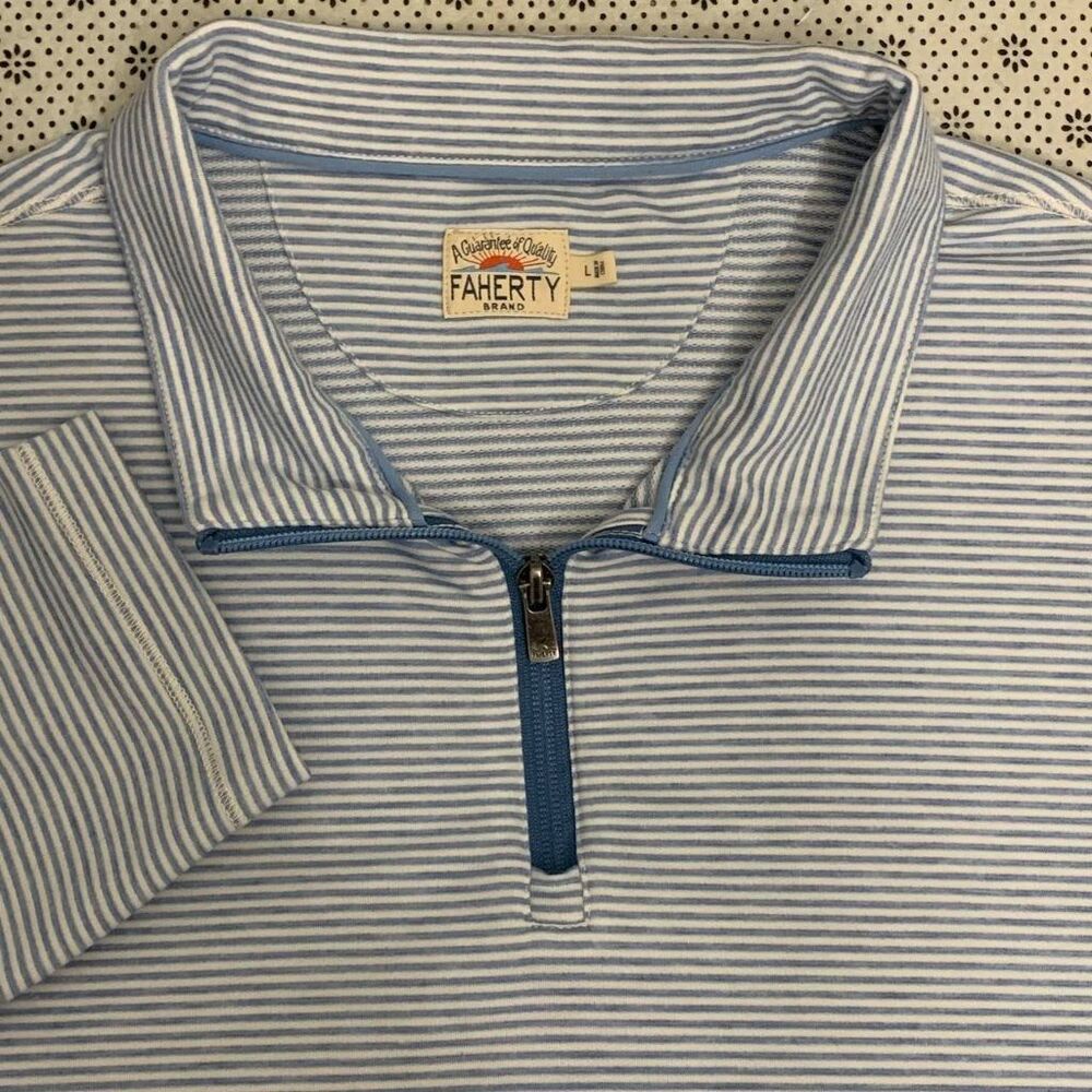 Faherty Brand Mens L Blue White Stripe Quarter Zip Pullover Long Sleeve